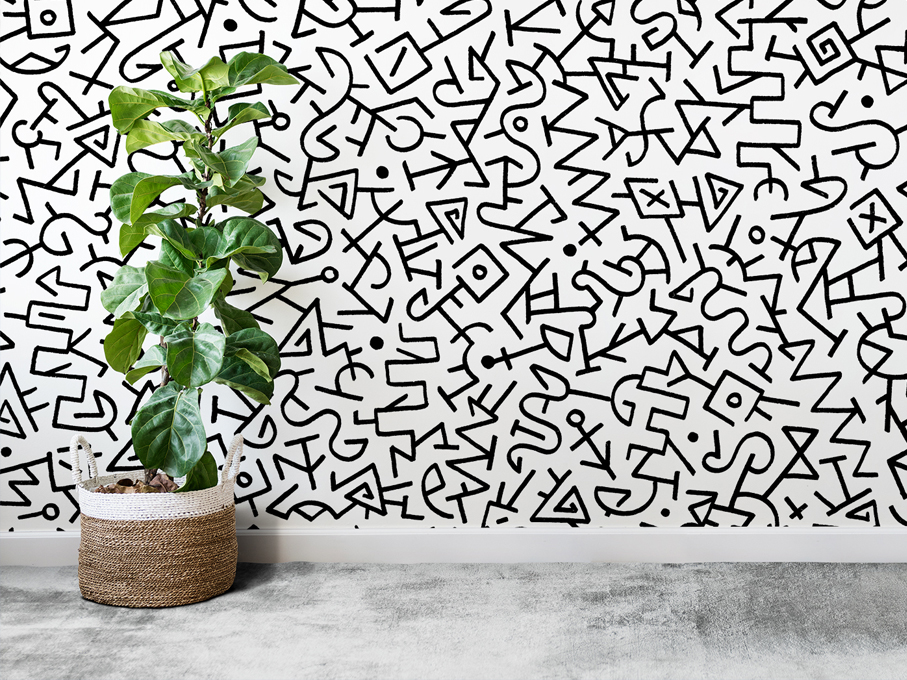 Dessin de motifs noir et blanc ethnique, pour conception de papier peint de luxe. Trait des motifs fait main pour garder la texture granuleuse et irrégulière.