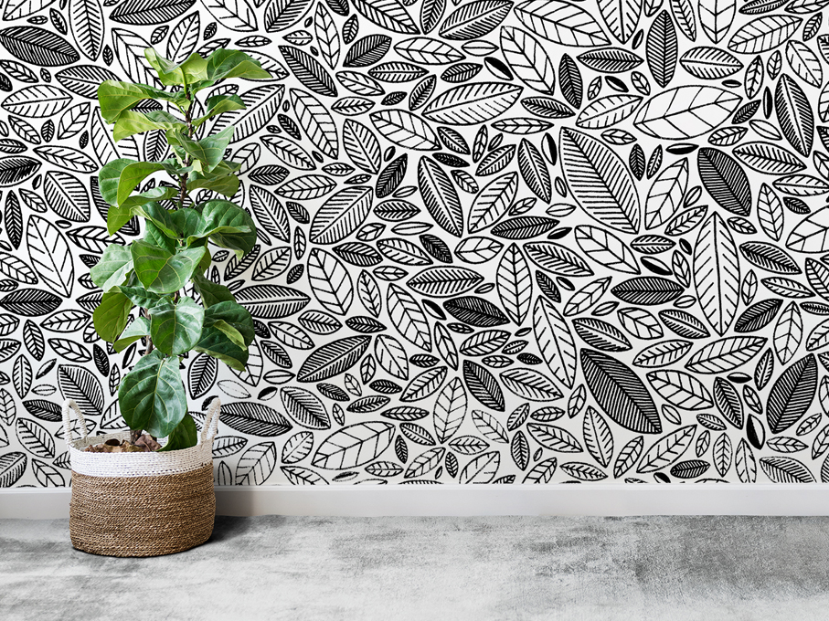 Dessin de motifs feuilles, pour conception de papier peint haut de gamme. Trait des motifs fait main pour conserver la texture irrégulière et granuleuse.