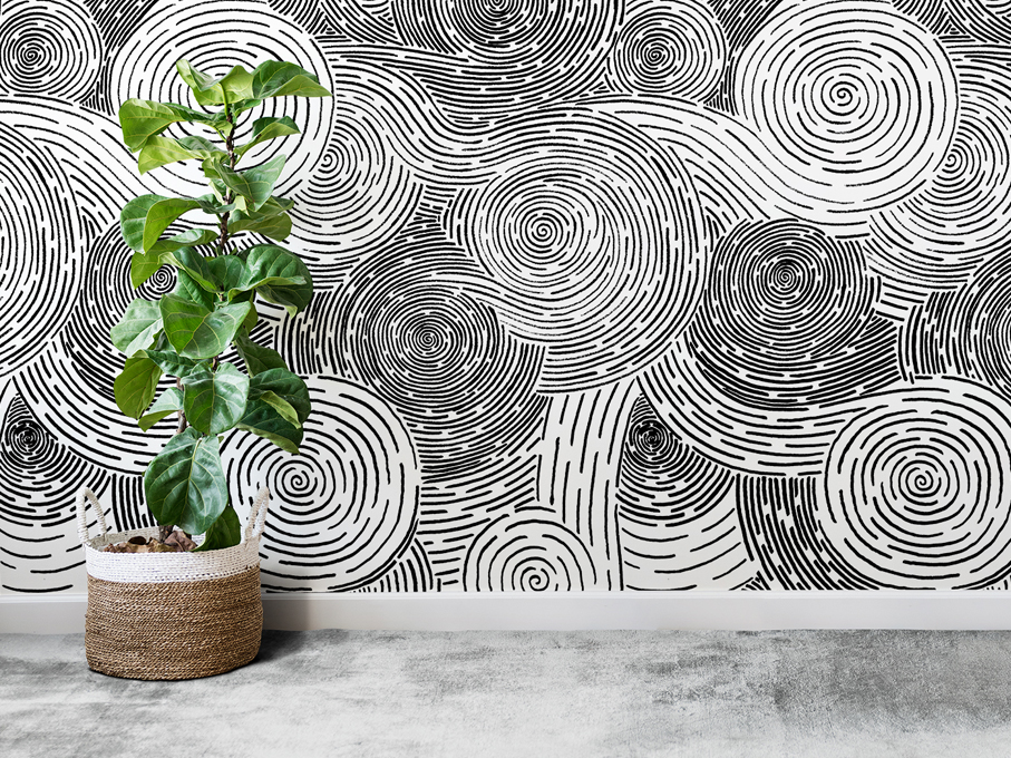 Conception de motifs courbes aquatique, pour création de papier peint de luxe. Trait des motifs fait à la main pour préserver la texture irrégulière et rugueuse.