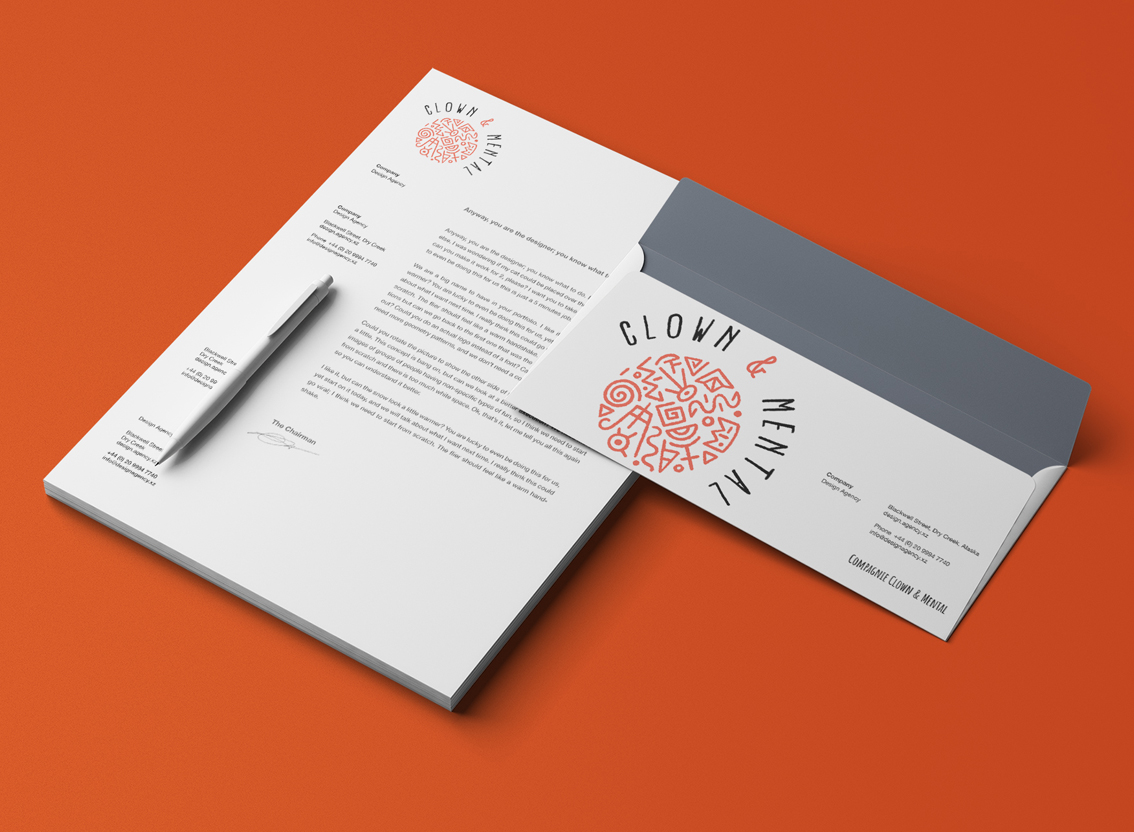 Conception du logo d’une compagnie de clown, à décliner sur supports de papeterie.