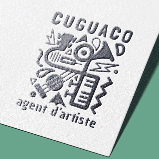 Logo d’agence artistique, réalisé pour divers supports de communication (papeterie, flocage textile, header de site web, carte de visite).