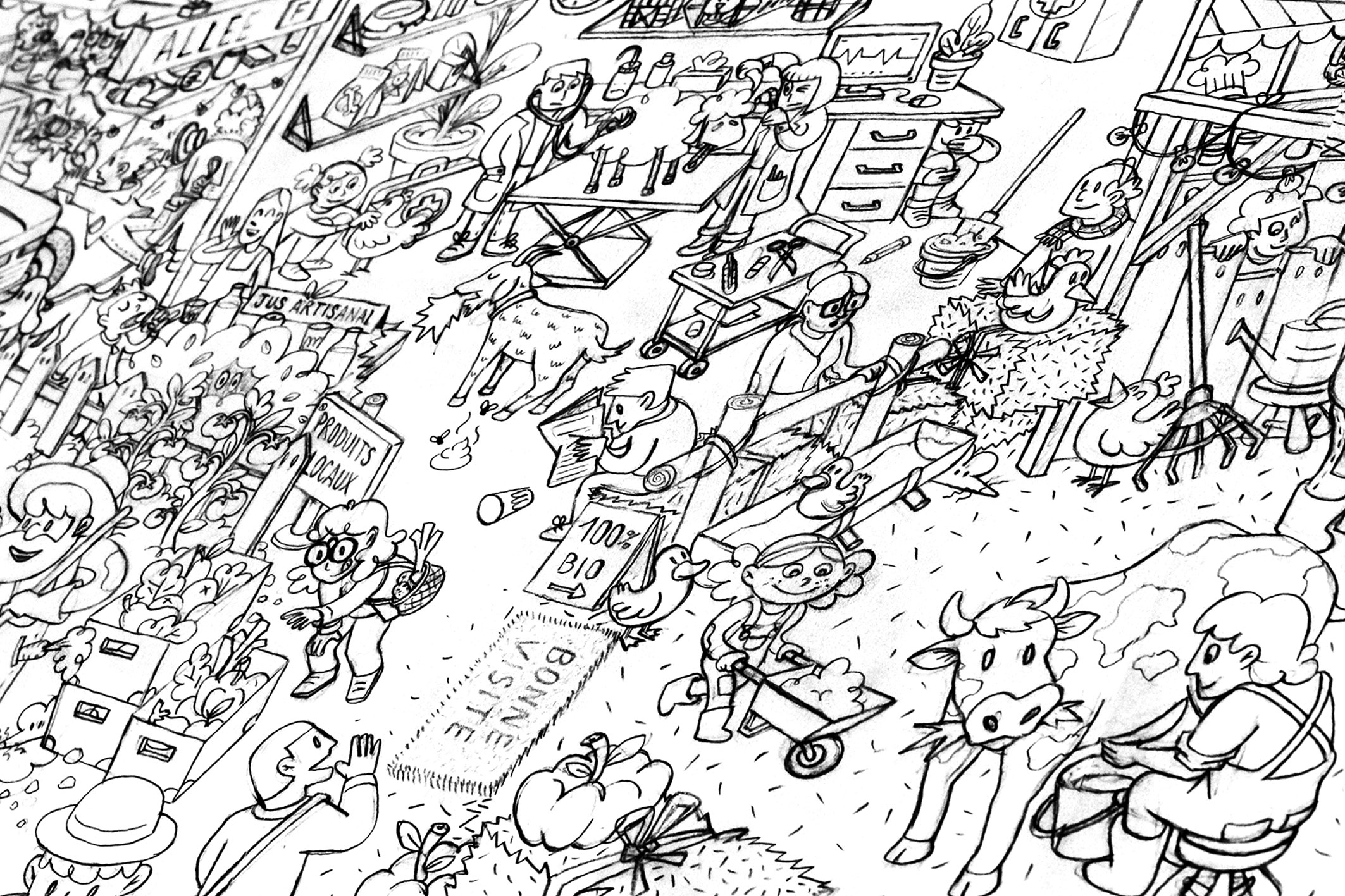 Dessin, pour le magazine Pirouette, sur le thème du Salon de l'Agriculture.