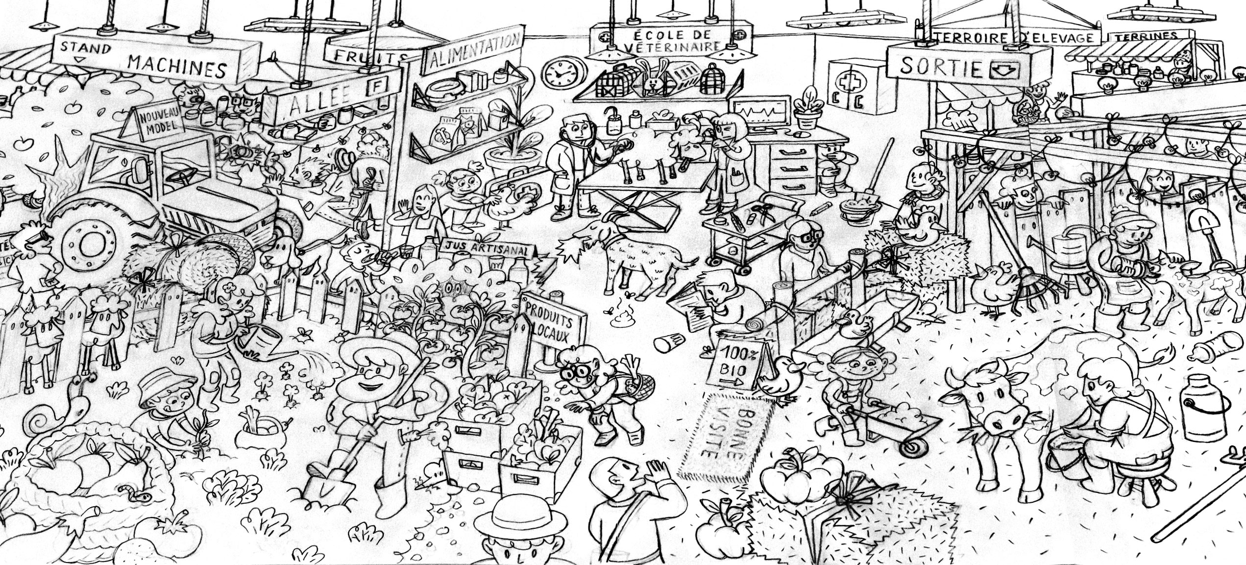 Croquis double page, pour le magazine Pirouette numéro 253, sur le thème du Salon de l'Agriculture.