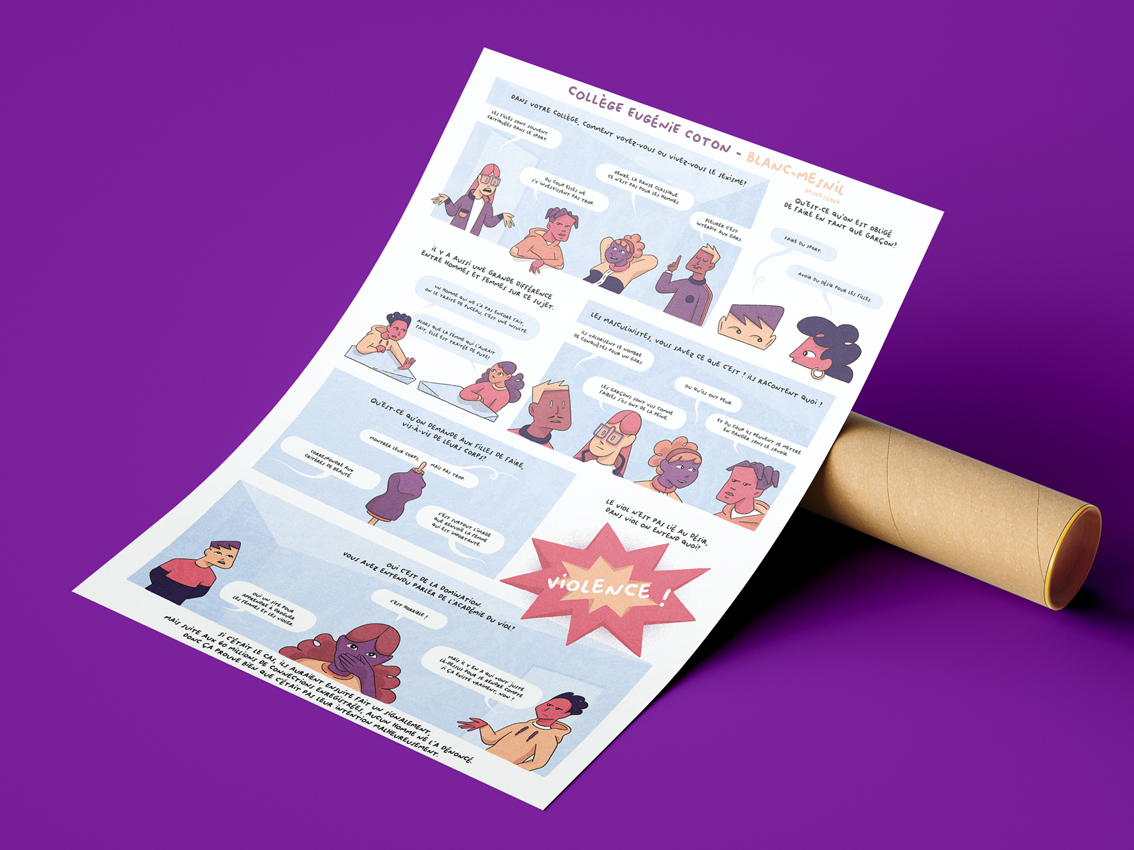 Bande dessinée réalisée lors d'ateliers jeunes contre le sexisme avec l'association T'as vu production. Retranscrire visuellement le débat et les sujets abordé.