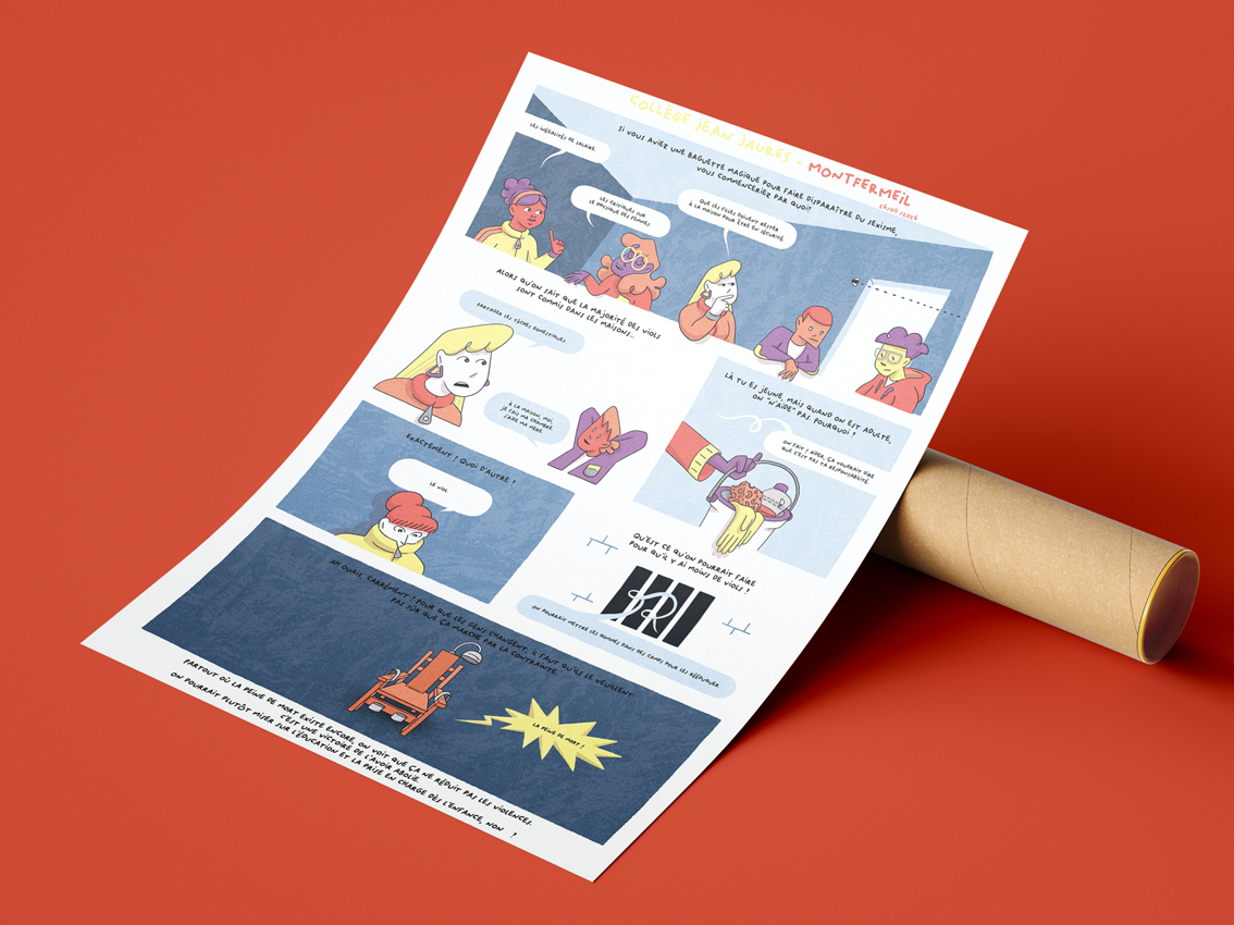 Strip créée pour un atelier jeunes contre le sexisme avec Idéokilogramme. Personnages stylisé et gamme coloré réduite pour un message efficace.