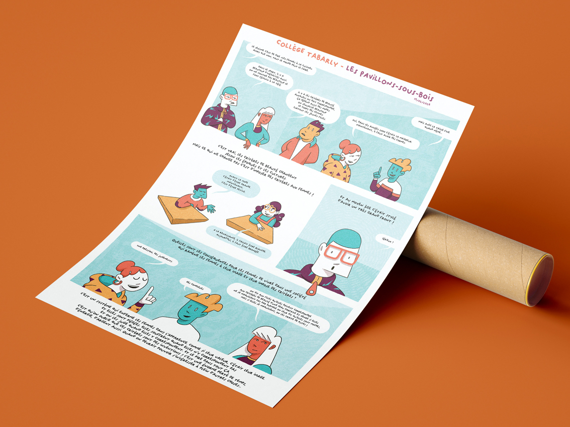 Bande dessinée créée pour un atelier jeunes contre le sexisme avec lT'as vu production. Personnages stylisé et gamme coloré réduite pour un message efficace.