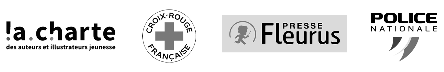 Logos de mes clients : La charte des auteurs illustrateurs jeunesse, Croix rouge française, Fleurus Presse, Police Nationale
