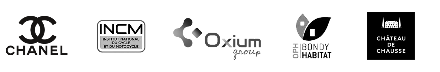 Logos de mes clients : Chanel, INCM, Oxium Group, Bondy Habitat, Château de Chausse